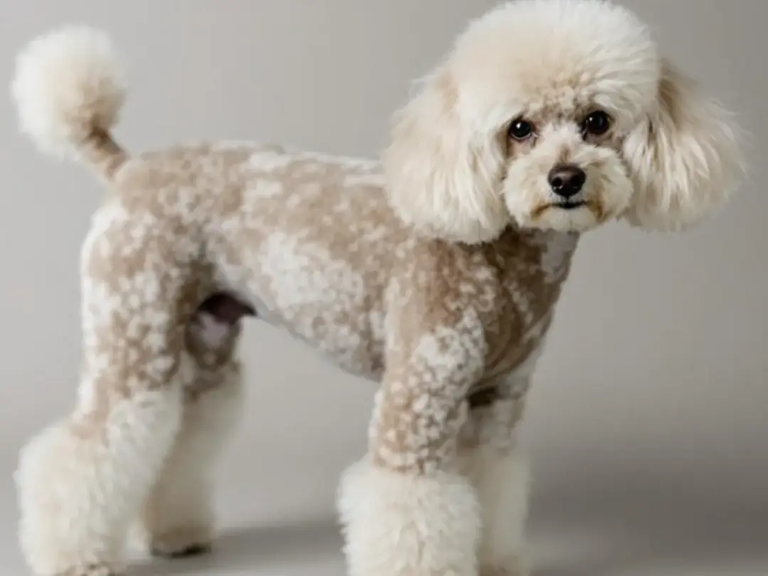 A miniature poodle with a freshly groomed continental clip showcases its soft, curly coat texture, highlighting the...