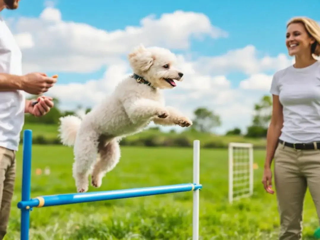 A miniature poodle is seen skillfully navigating an agility training course alongside its owner, showcasing its...