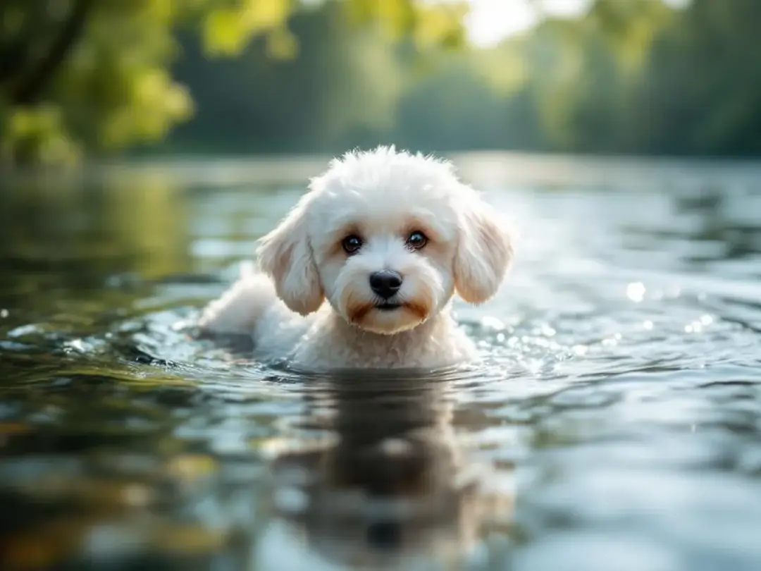 A miniature poodle is swimming gracefully in a serene lake, showcasing its natural water ability and agility. The dog's...