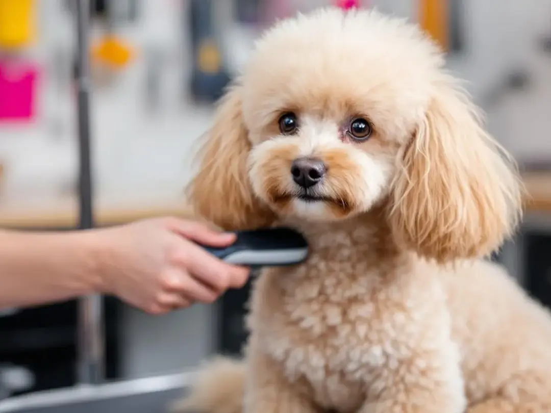 A miniature poodle is being groomed, showcasing a brushing technique that highlights its fluffy coat and floppy ears...