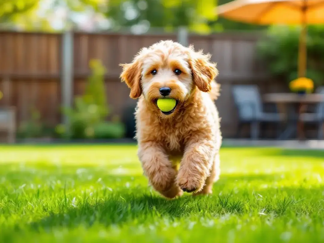 An adult mini goldendoodle with a wavy golden coat is happily playing in a backyard, showcasing its playful and...
