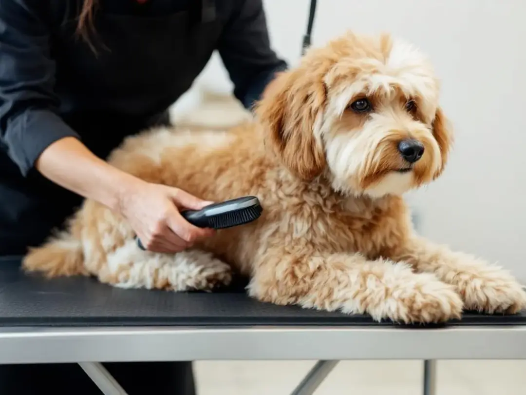 A professional groomer is brushing the curly coat of a mini goldendoodle on a grooming table, showcasing the dog's...