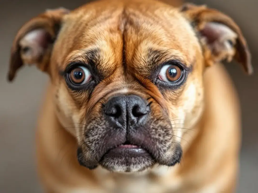 A close-up image of a dog displaying warning signs, including whale eye and tense facial muscles, indicating potential...