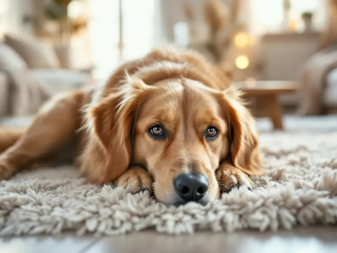 A relaxed dog is lying comfortably in a safe space, displaying calm body language with its ears relaxed and eyes softly...