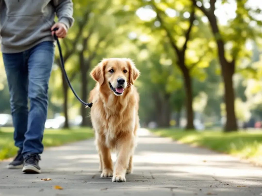 A calm male dog on a leash is walking during his recovery period after neuter surgery, showcasing the importance of...