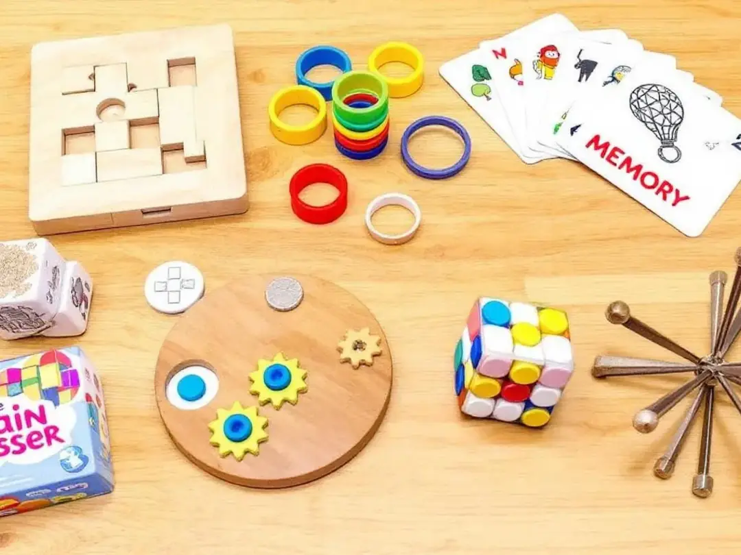 The image features a variety of puzzle toys and enrichment items designed to provide mental stimulation for pets...