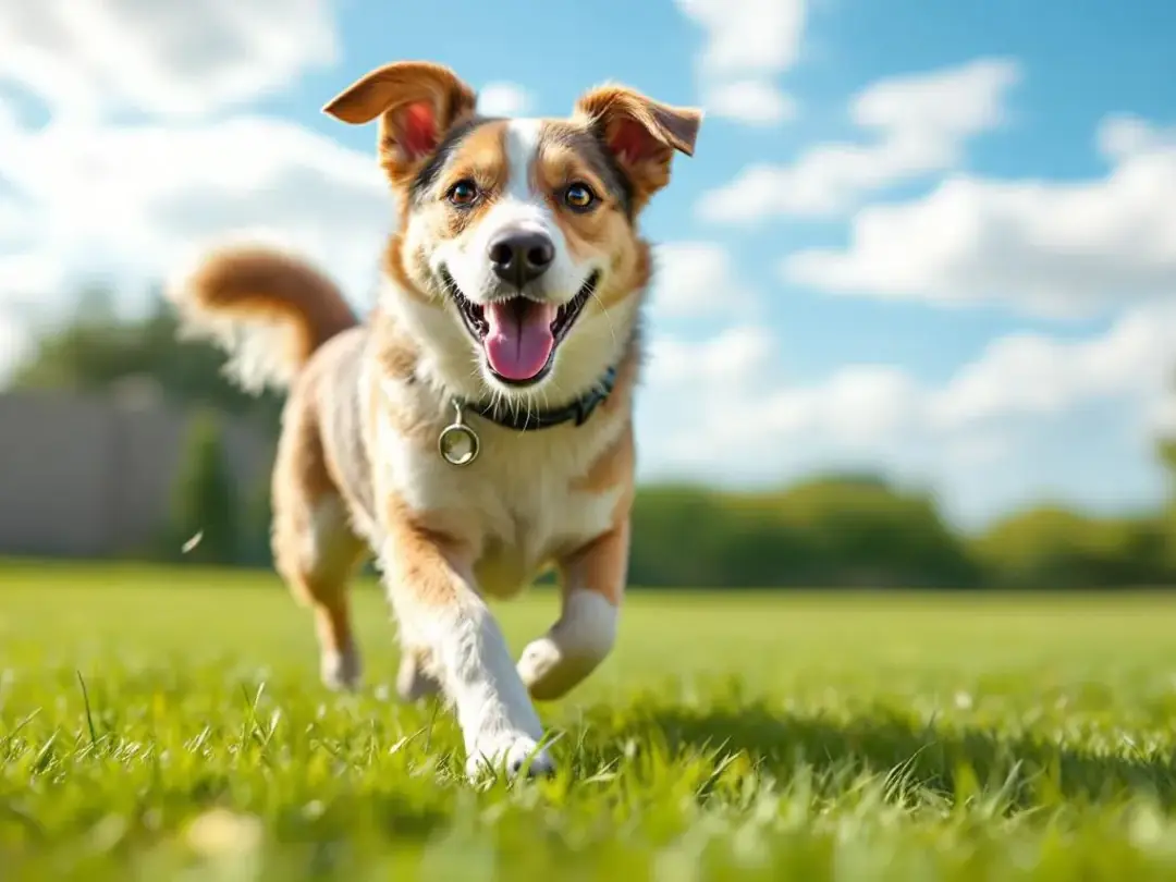 A healthy, neutered male dog joyfully plays in a yard, showcasing his normal activity after a full recovery from neuter...