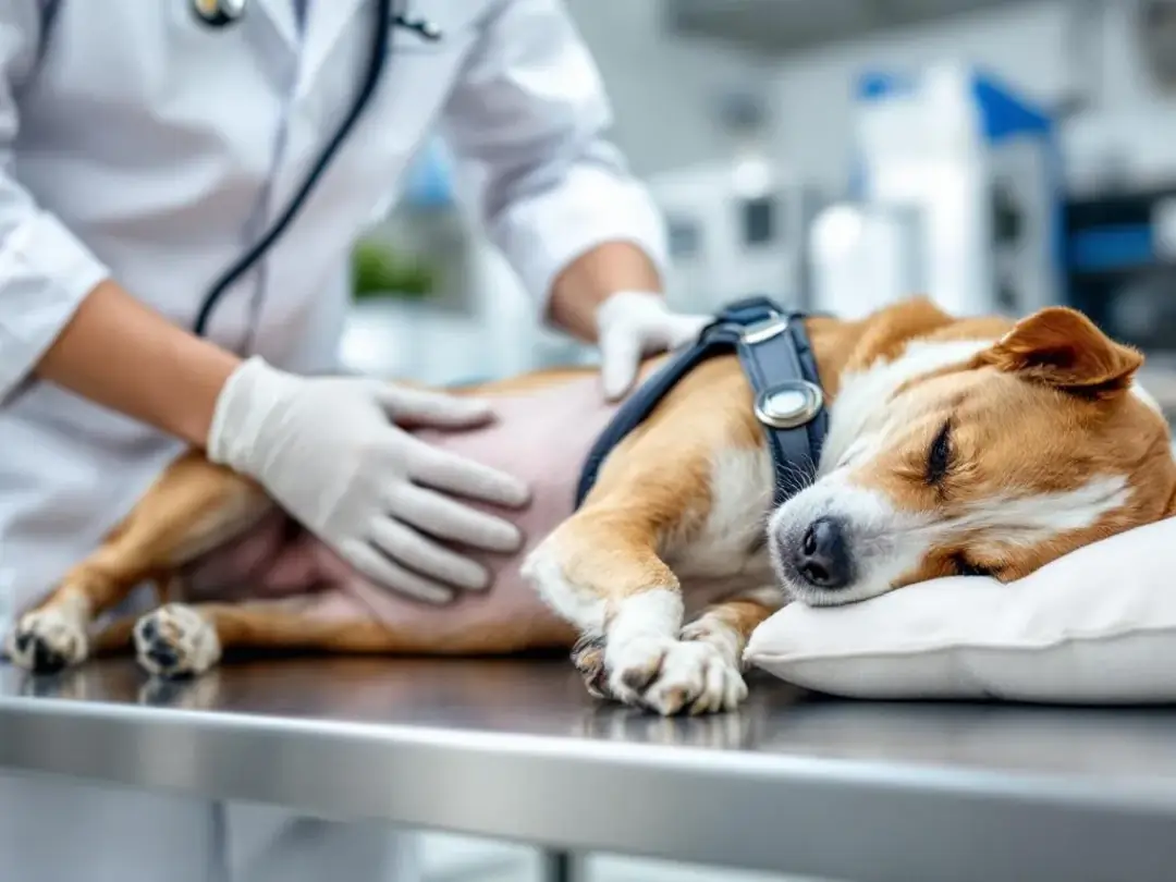 A veterinarian is carefully examining a dog's abdomen, looking for signs of pancreatitis, which may include abdominal...