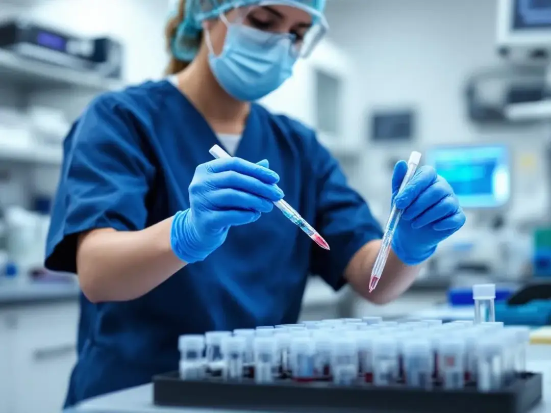 A veterinary technician is seen preparing blood samples in a clinical laboratory setting, focusing on pancreatic enzyme...
