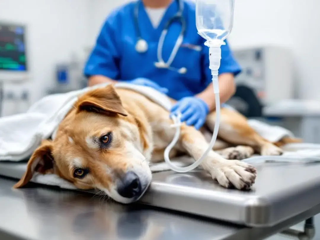 In a veterinary hospital setting, a dog is receiving intravenous fluid therapy to manage symptoms of pancreatitis...