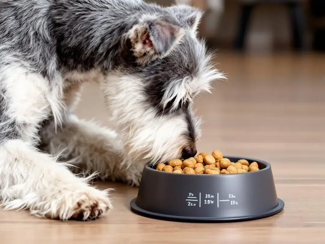 A Miniature Schnauzer, a breed known to have a predisposition to pancreatitis, is seen eating from a measured food...