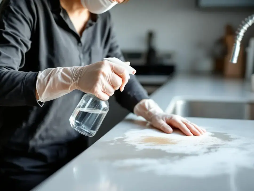 A dog owner is seen cleaning a contaminated surface with a disinfectant, taking precautions to prevent the spread of...
