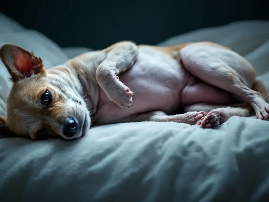 A sick puppy lies on a soft surface, displaying lethargy and a noticeable lack of appetite, indicative of a potential...