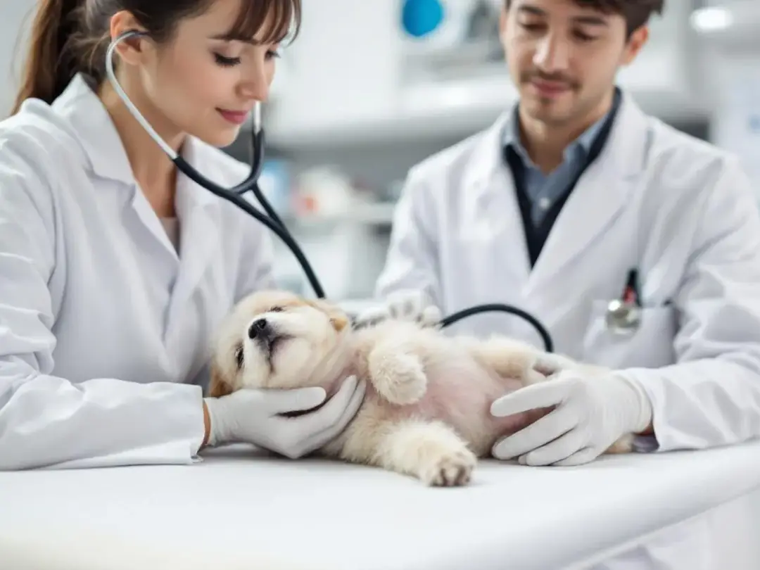 A veterinarian is seen performing diagnostic testing on a young puppy, assessing its health for signs of canine...