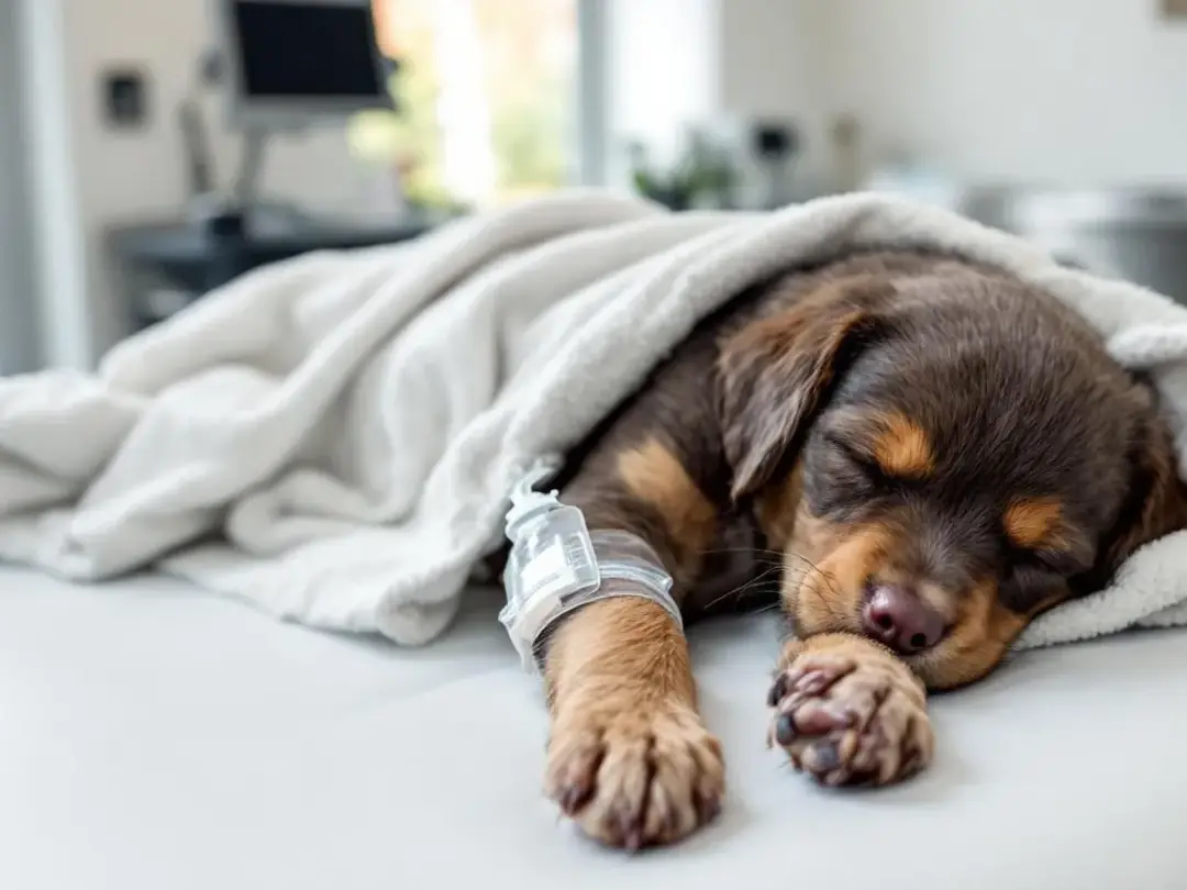 A young puppy is receiving IV fluid therapy at a veterinary clinic, indicating a need for supportive care due to severe...
