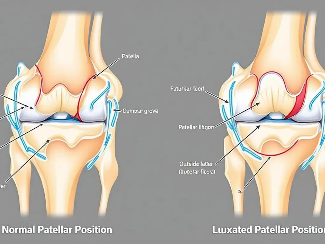 An anatomical diagram illustrates the normal position of the patella in the knee joint compared to its luxated...