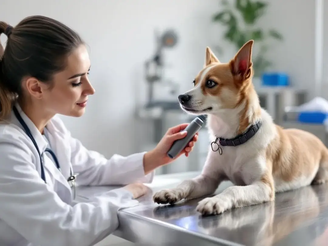 A veterinarian is examining a small dog's knee joint during a routine physical examination, focusing on the patellar...