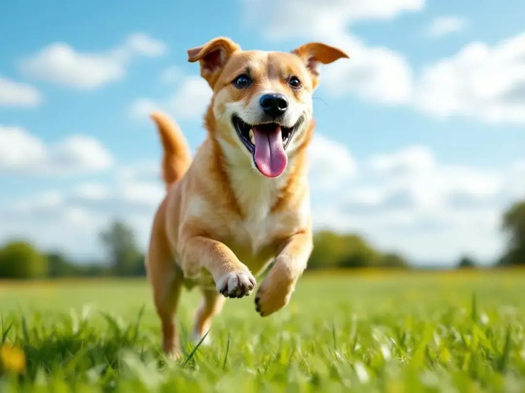 A healthy small breed dog is joyfully running in an open field after successful treatment for patellar luxation...