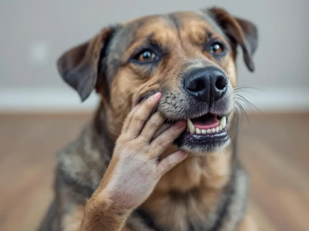 A dog is seen pawing at its mouth, indicating signs of dental discomfort, possibly due to periodontal disease. This...