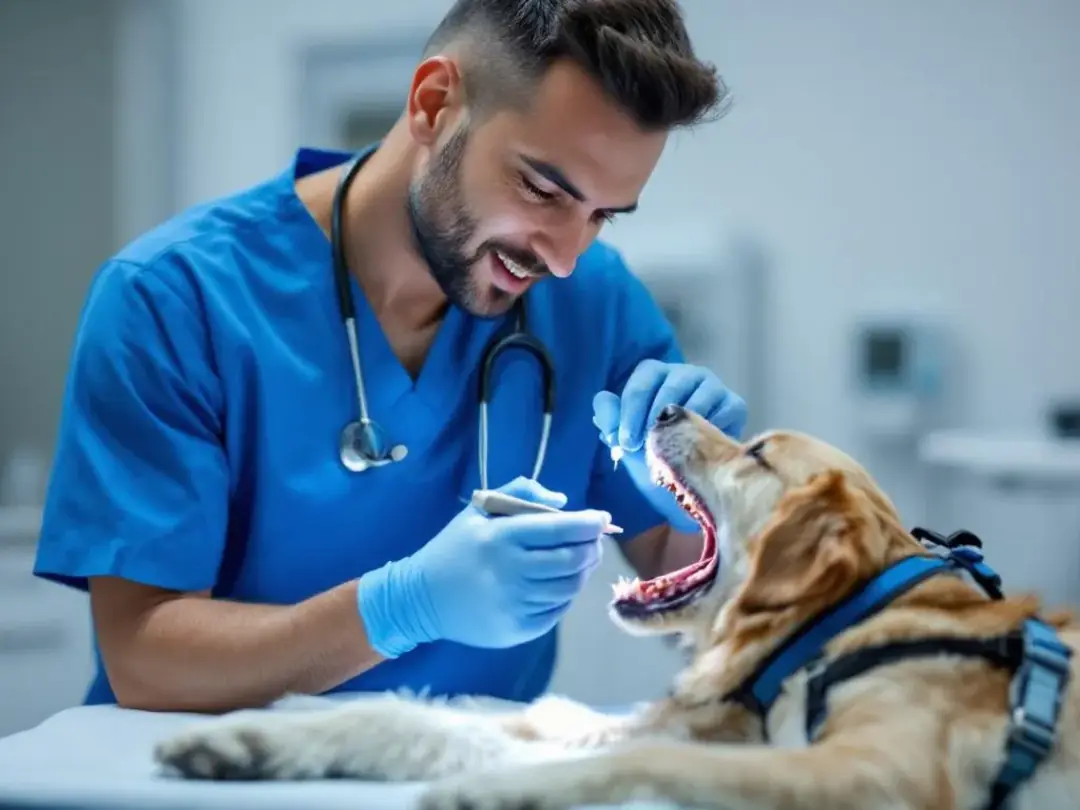 A veterinarian in scrubs is carefully examining a dog's open mouth during a dental examination, checking for signs of...