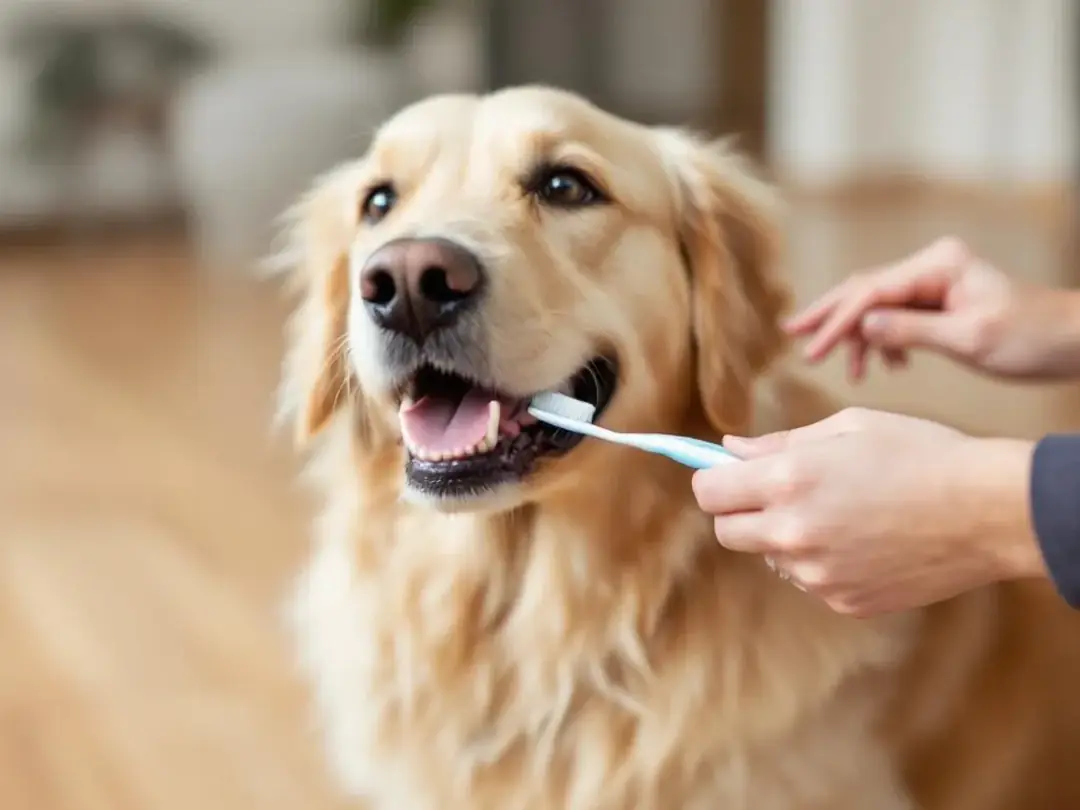 A dog is having its teeth brushed with a soft-bristled toothbrush and dog-safe toothpaste, promoting oral hygiene to...