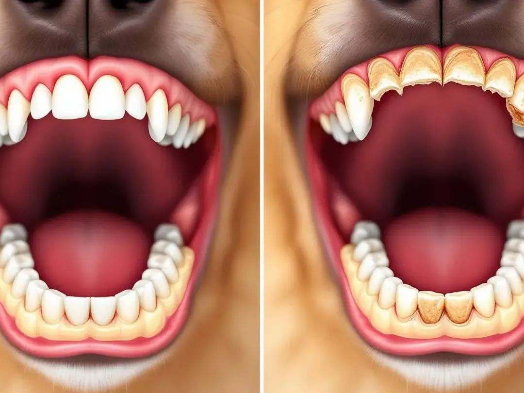 The image compares a healthy dog's mouth, showcasing clean teeth and healthy gums, with a mouth exhibiting obvious...