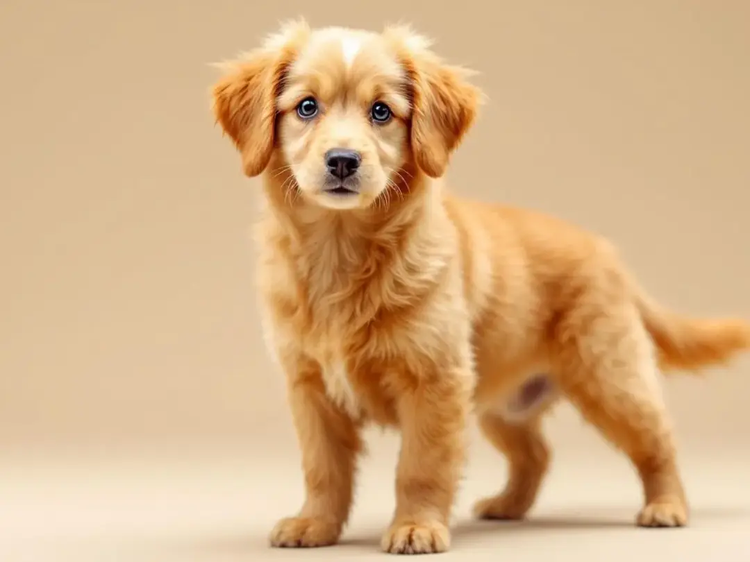 A petite goldendoodle stands proudly, showcasing its compact and well-proportioned body structure, with a soft, curly...