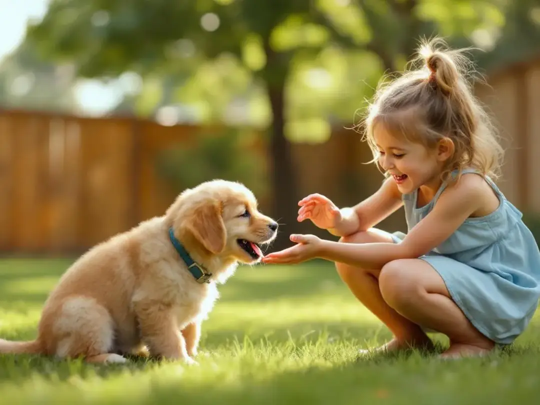 In a sunny backyard, a petite goldendoodle with a curly coat playfully interacts with a young child, showcasing their...