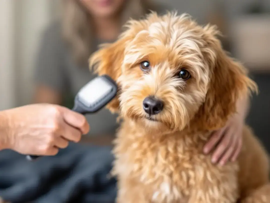 A petite goldendoodle with a curly coat is being gently brushed, showcasing proper grooming techniques to prevent...
