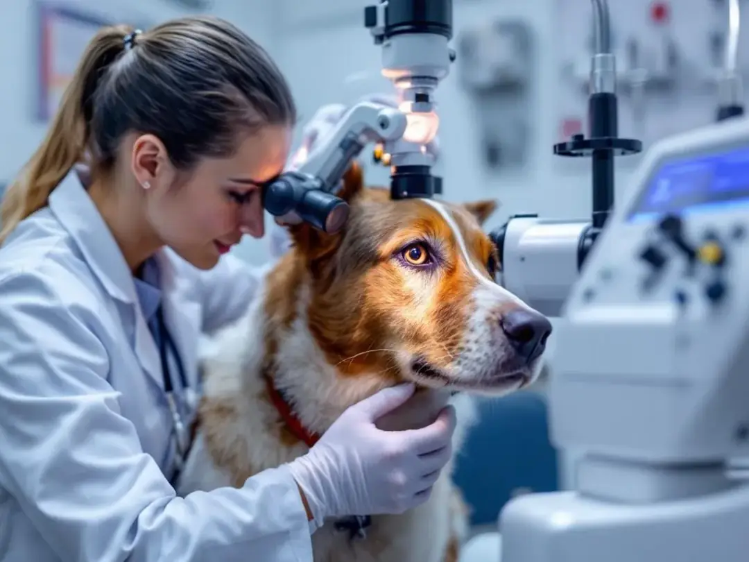 A veterinarian is carefully examining a dog's eye with specialized equipment, focusing on signs of conjunctivitis, such...