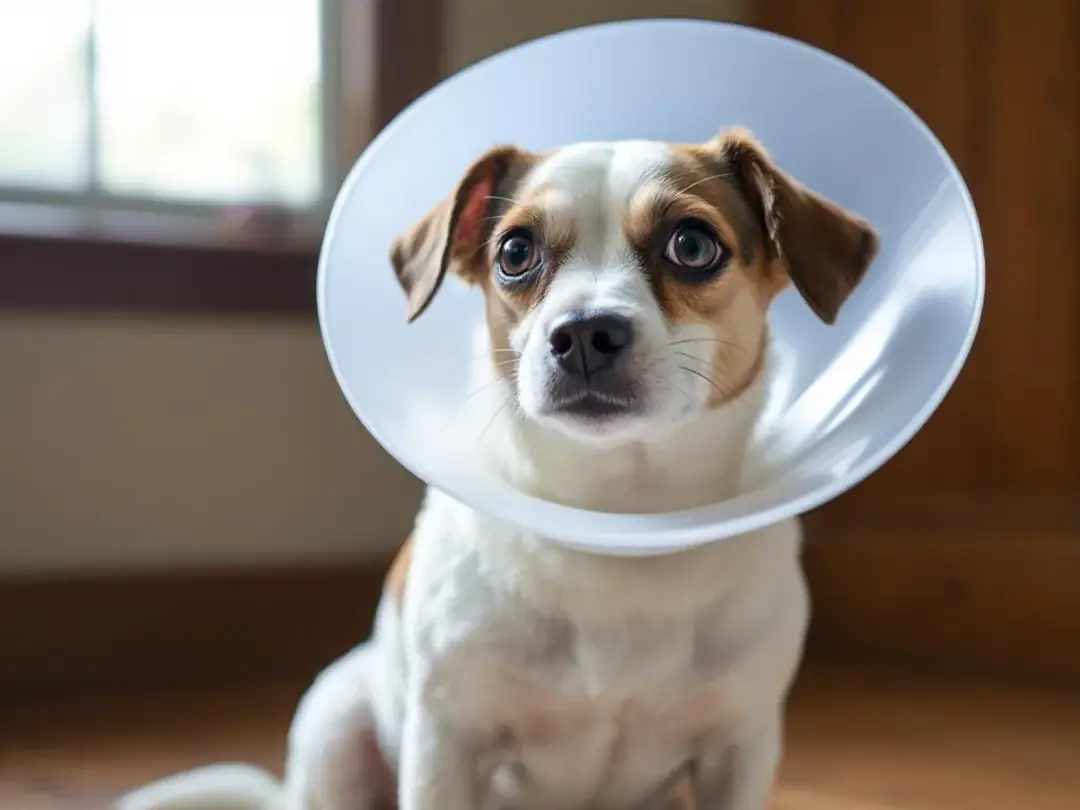 A dog wearing an Elizabethan collar sits calmly, preventing it from scratching its swollen eyelids due to...