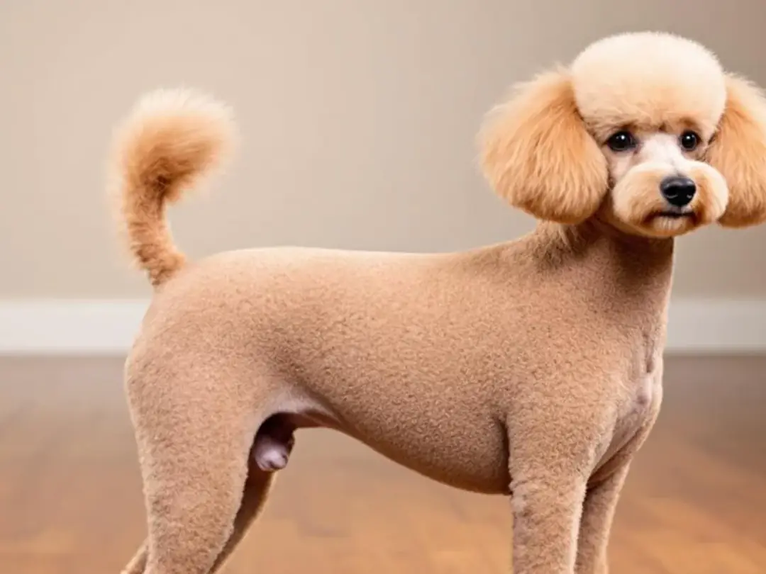 A standard poodle is displayed in a traditional Continental clip grooming style, showcasing its distinctive harsh curly...