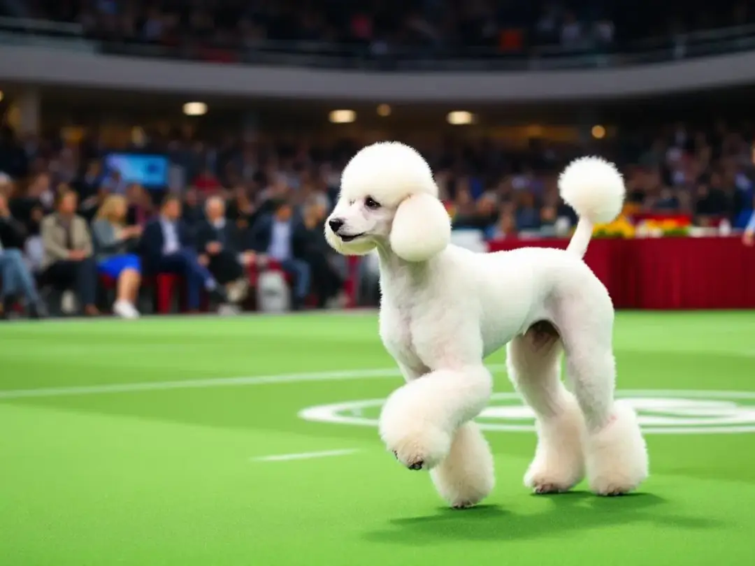 In the image, a properly proportioned standard poodle is gracefully demonstrating its movement and gait in a show ring...