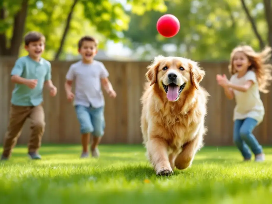 A large Goldendoodle, a popular poodle mix known for its friendly temperament, is joyfully playing fetch with children...