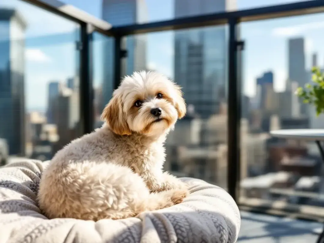 A small Maltipoo sits comfortably on a cozy apartment balcony, showcasing its adorable mixed breed characteristics and...