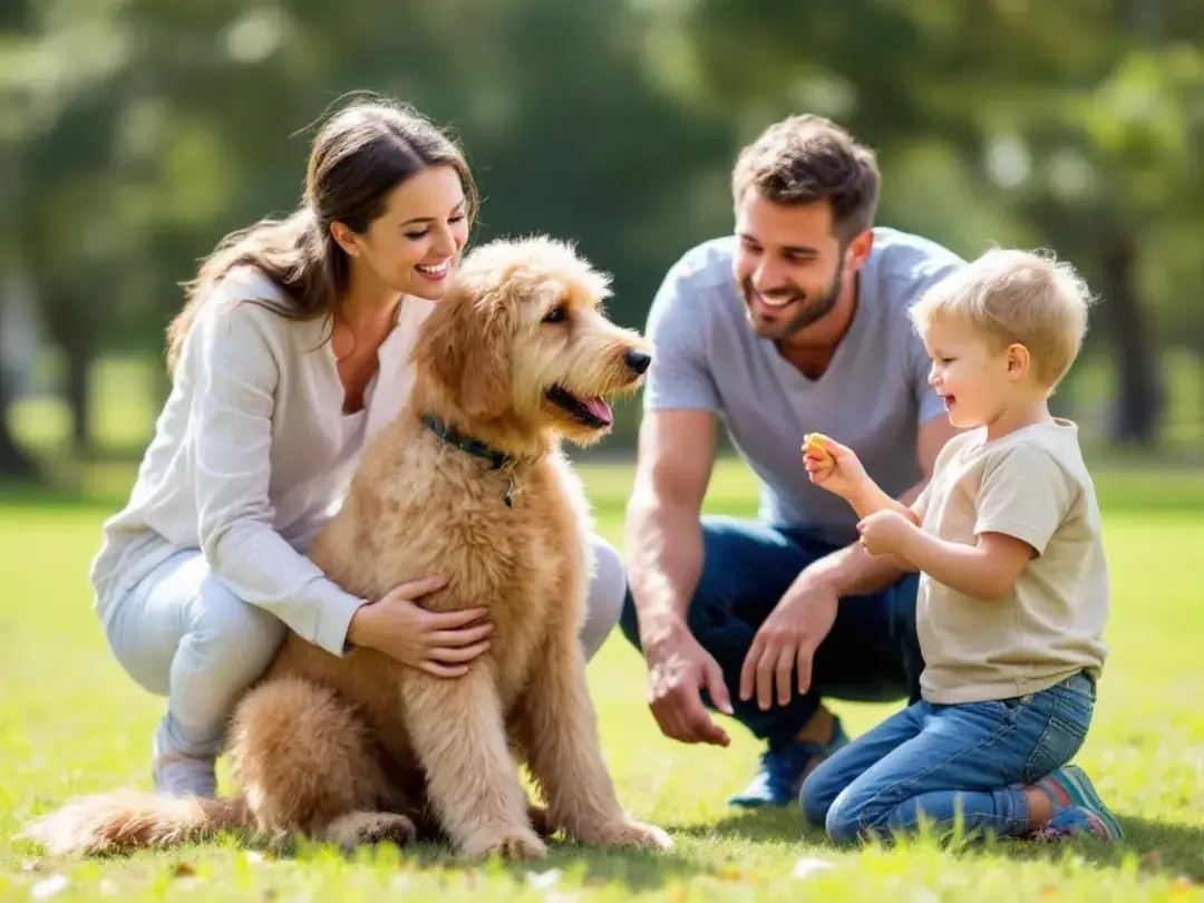 In a sunny local park, a family is training their Labradoodle, a popular poodle mix, using treats and toys to encourage...