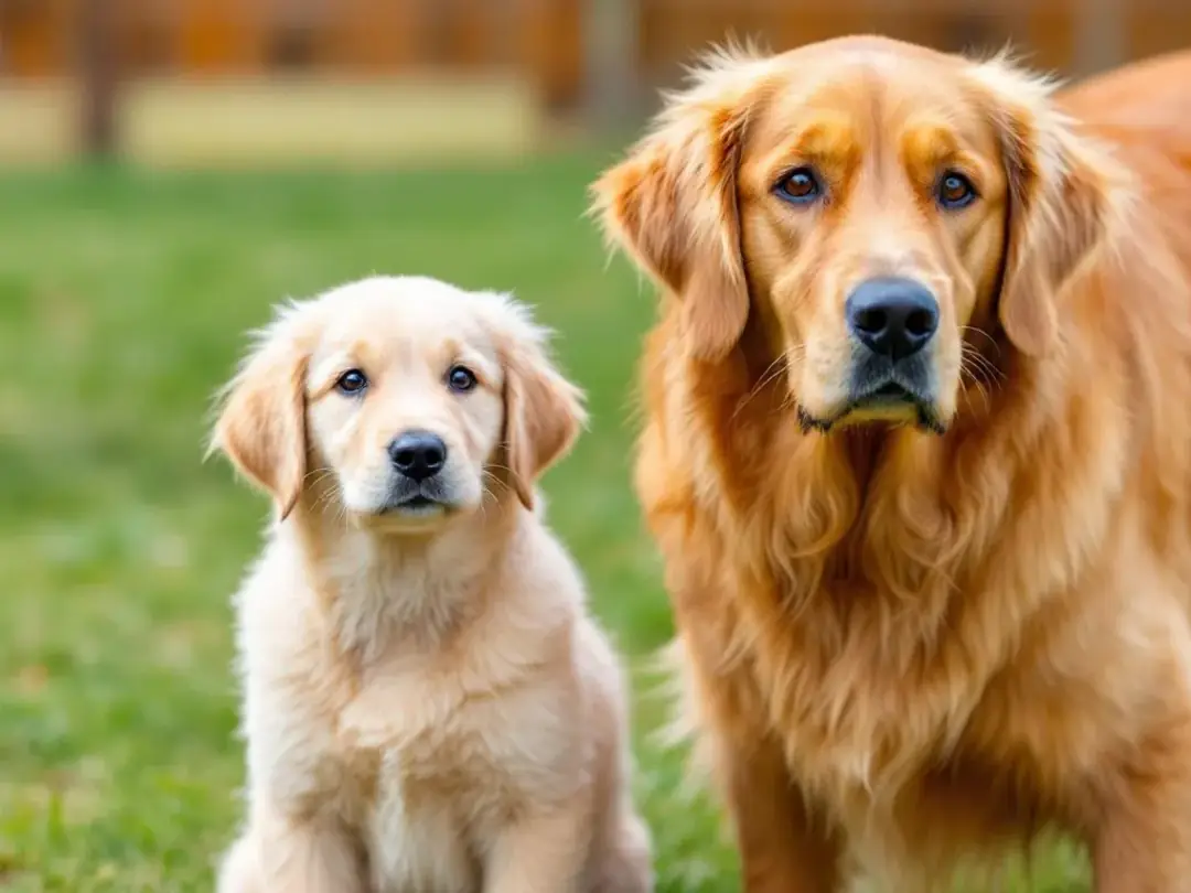 A golden retriever puppy stands next to an adult golden retriever, highlighting the age differences between the two...