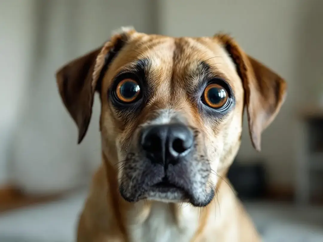 A dog with noticeably dilated pupils stands in normal lighting conditions, suggesting possible vision issues such as...