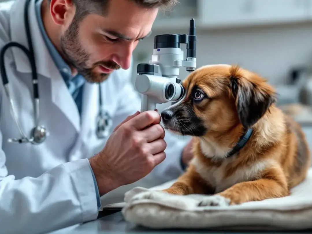 A veterinarian is examining a dog's eye using specialized ophthalmoscopic equipment, focusing on the retinal blood...