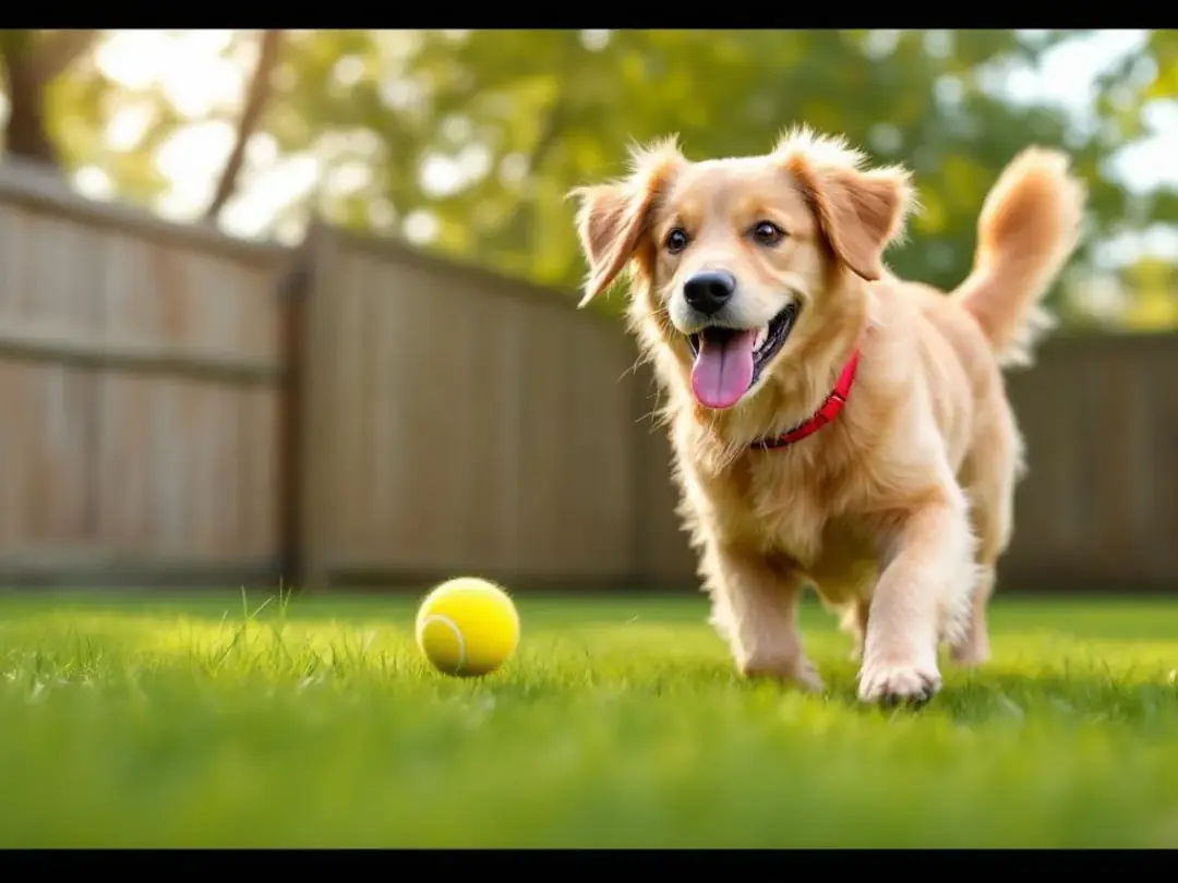 A happy blind dog, possibly a Labrador Retriever, is joyfully playing fetch in a safely enclosed yard, relying on its...