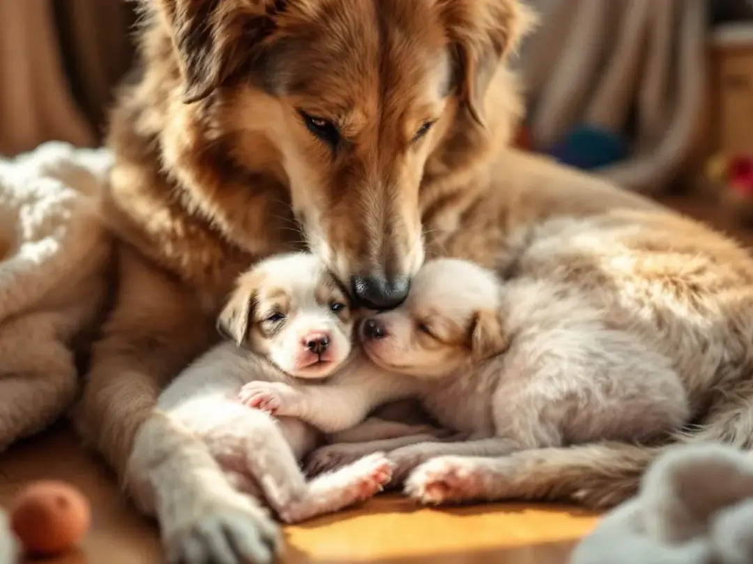 A young puppy is nursing from its mother in a clean and comfortable setting, surrounded by warmth and affection. The...