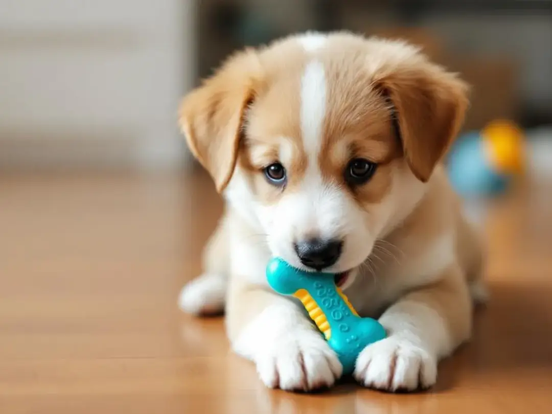 A young puppy with a gentle expression is happily chewing on a colorful teething toy, showcasing its tiny teeth and...