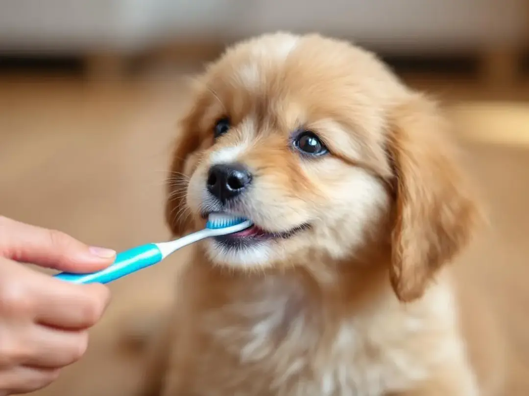 A gentle hand is brushing a small puppy's teeth with a dog toothbrush, promoting oral health and fresh breath. The...