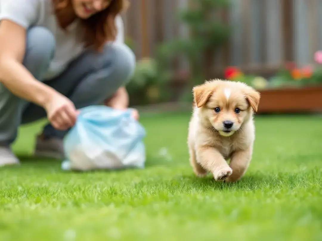 In a clean yard, a young puppy playfully explores while its owner is busy cleaning up waste, ensuring a healthy...