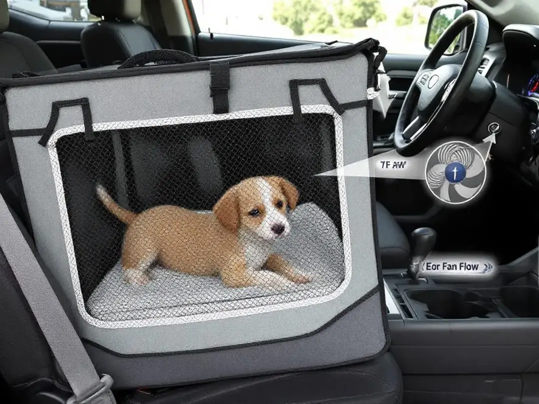The image depicts a well-organized car interior with a crate securely positioned in the middle seat, ensuring a safe...