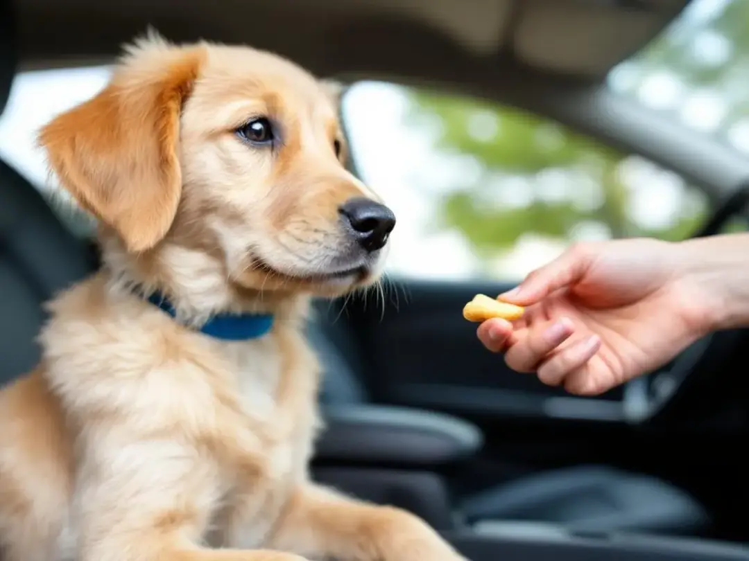A calm puppy sits in a stationary car, happily receiving treats during desensitization training aimed at preventing dog...