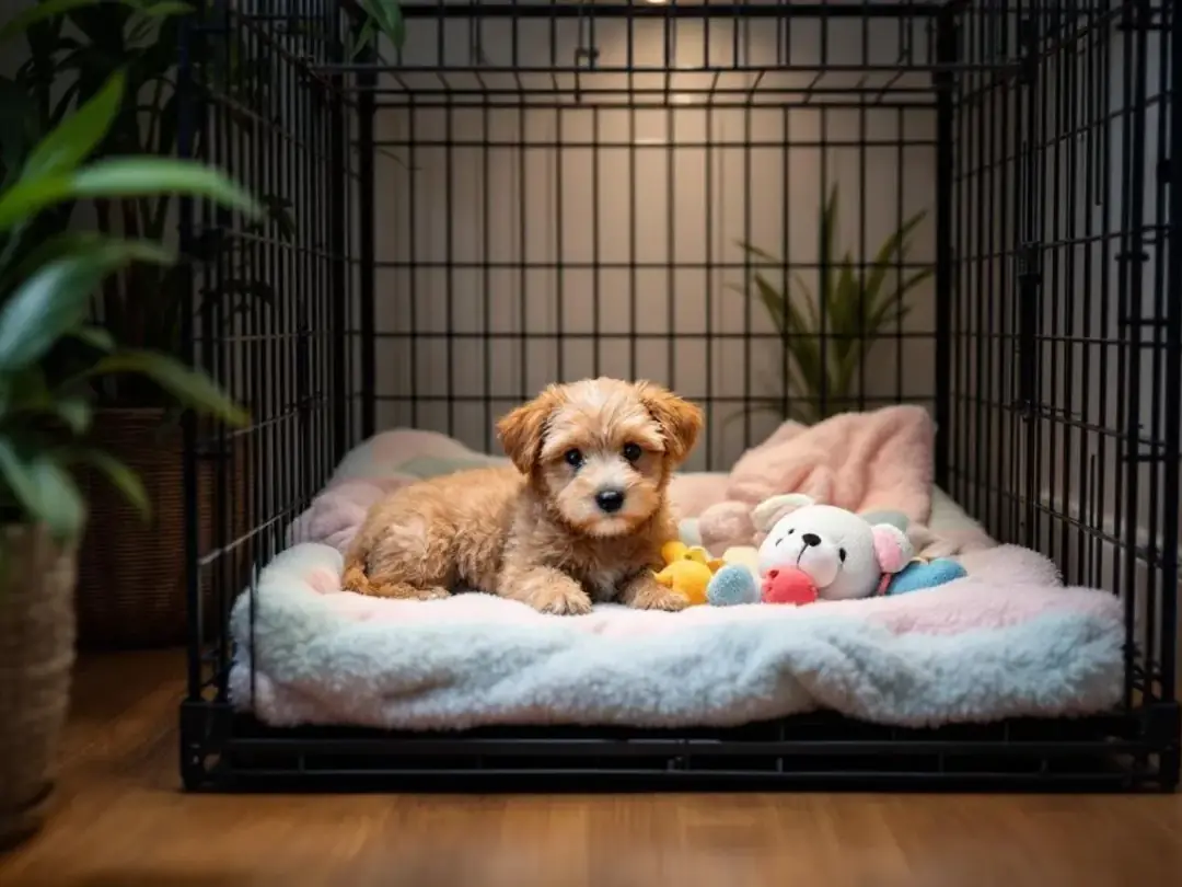 The image shows a cozy puppy crate set up in a quiet corner, filled with soft blankets and chew toys, bathed in dim...