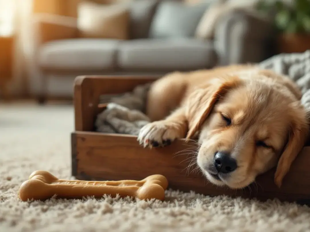 A young puppy is peacefully resting in their crate, surrounded by a cozy dark room and clutching a special chew toy...
