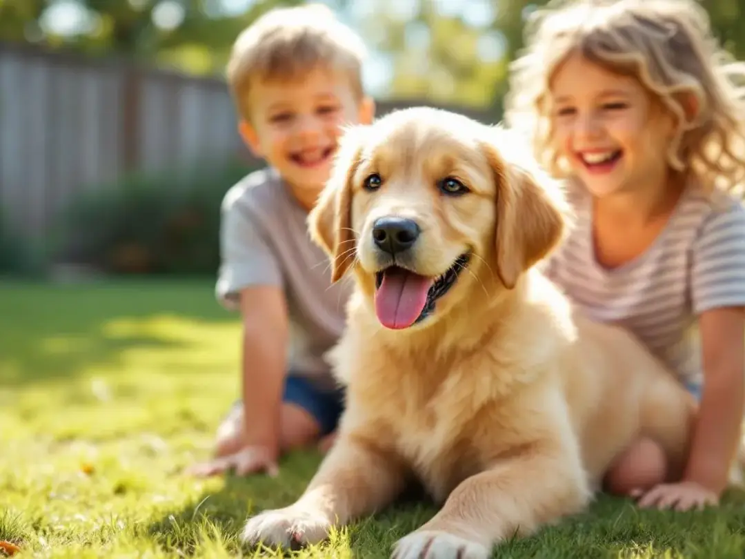 A joyful puppy is playing gently with children in a cozy family setting, showcasing the bond between young puppies and...