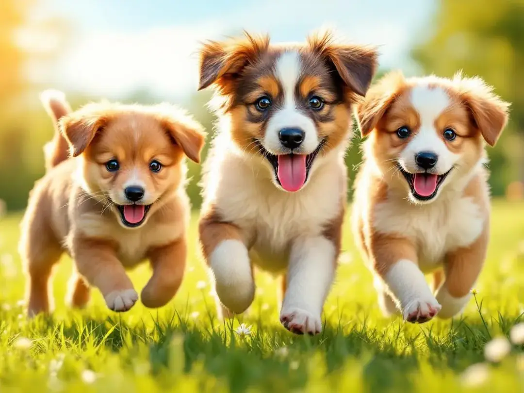 A group of happy, healthy puppies are playfully interacting in a clean outdoor space, showcasing their energy and...